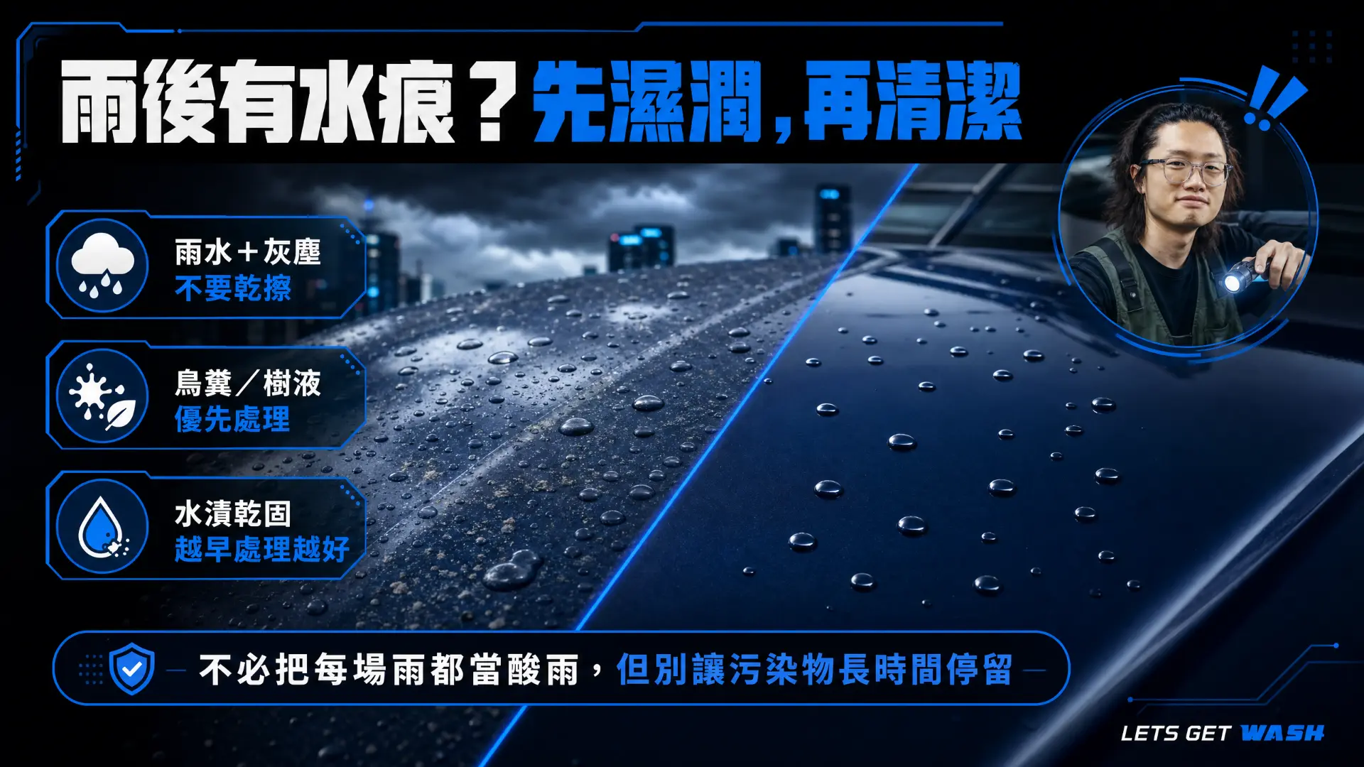 雨後有水痕？先濕潤，再清潔
