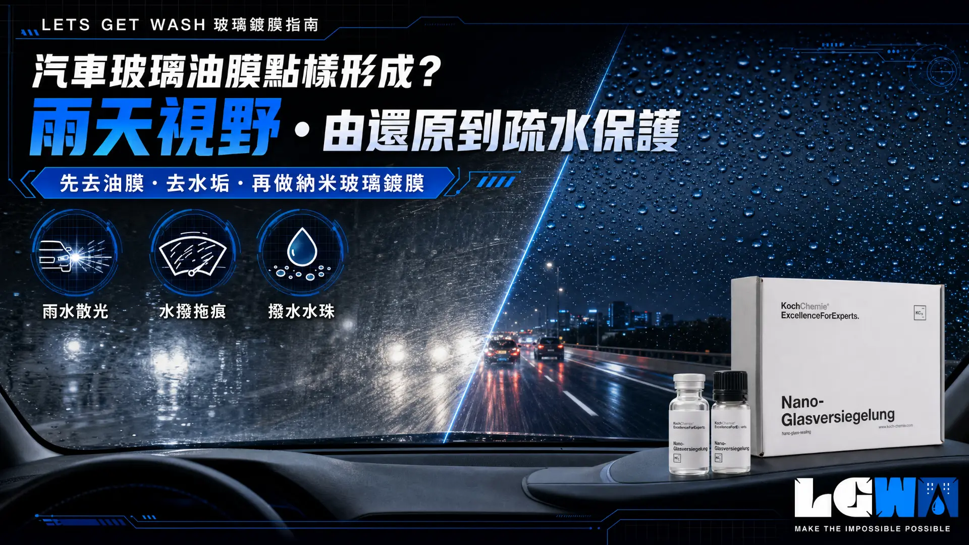 汽車玻璃油膜點樣形成?Koch-Chemie 納米玻璃鍍膜提升雨天視野全攻略